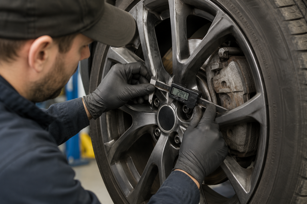 Brake inspection in automotive workshop